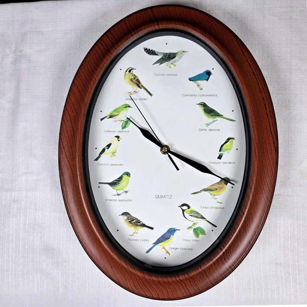 Vintage Oval Quartz Bird Illustration Wall Clock – Faux Wood Grain Frame